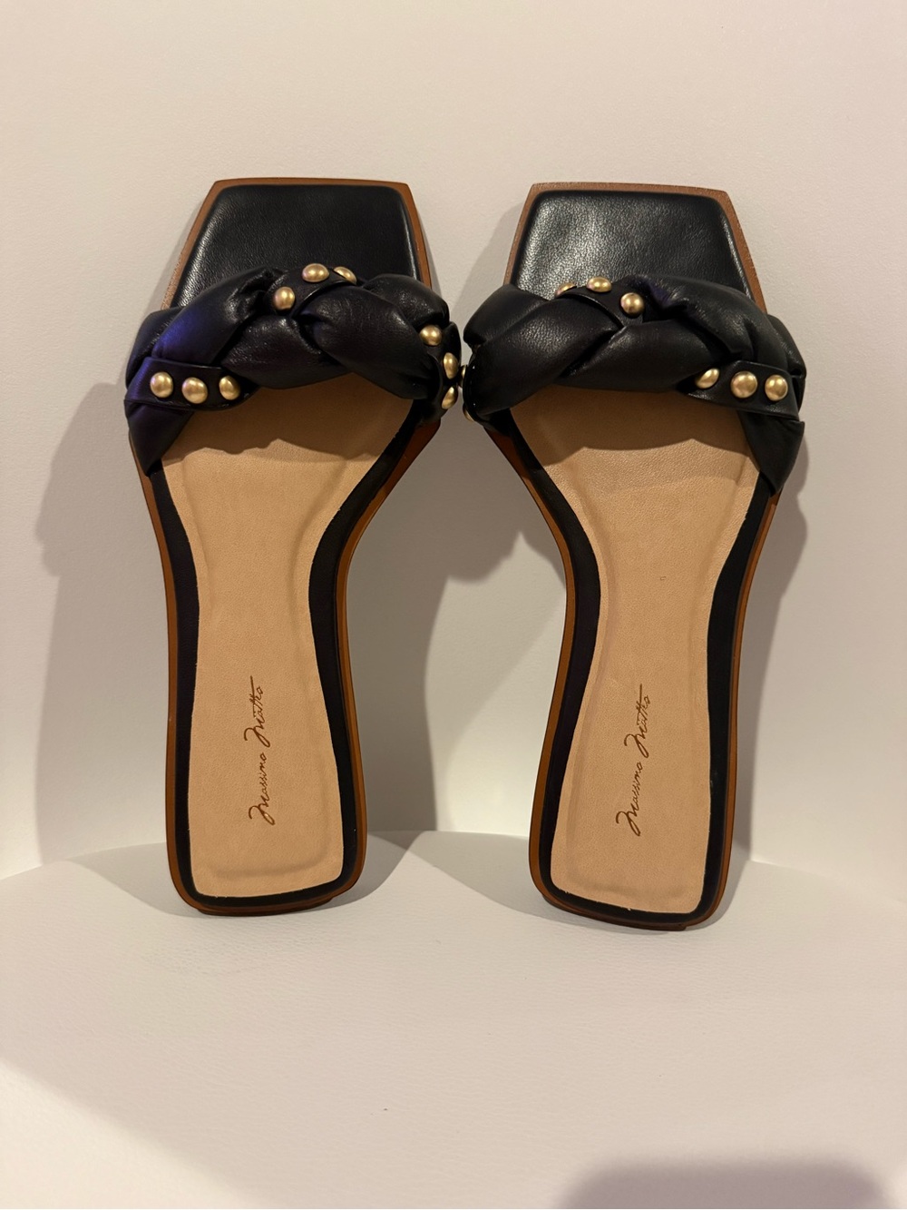 ☀️🌊Massimo Matteo Black Braided Slide Mules with Gold Studs